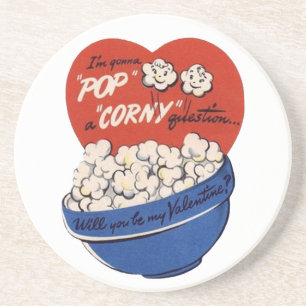 Retro Valentines Day, Popcorn Pop a Corny Question Coaster