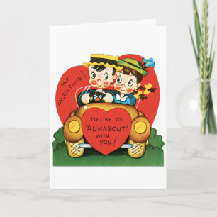 Retro Valentine's Day, Vintage Boy and Girl in Car Holiday Card