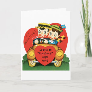 Retro Valentine's Day, Vintage Boy and Girl in Car Holiday Card