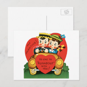 Retro Valentine's Day, Vintage Boy and Girl in Car Holiday Postcard