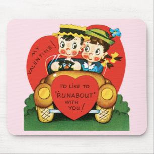Retro Valentine's Day, Vintage Boy and Girl in Car Mouse Mat