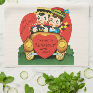 Retro Valentine's Day, Vintage Boy and Girl in Car Tea Towel