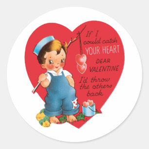 Retro Valentine's Day, Vintage Boy Fishing Hearts Classic Round Sticker