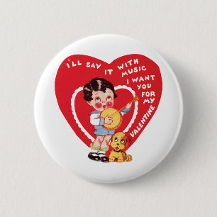 Retro Valentine's Day, Vintage Boy Music Banjo 6 Cm Round Badge