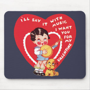 Retro Valentine's Day, Vintage Boy Music Banjo Mouse Mat
