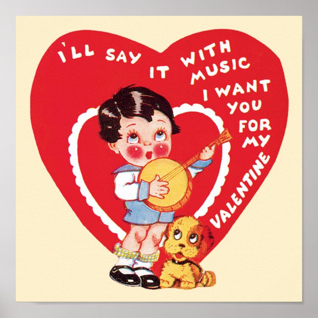 Retro Valentine's Day, Vintage Boy Music Banjo Poster (Front)