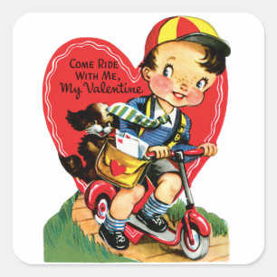 Retro Valentine's Day, Vintage Boy on a Scooter Square Sticker