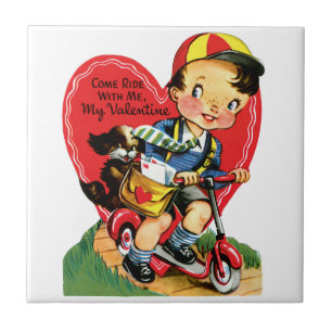 Retro Valentine's Day, Vintage Boy on a Scooter Tile