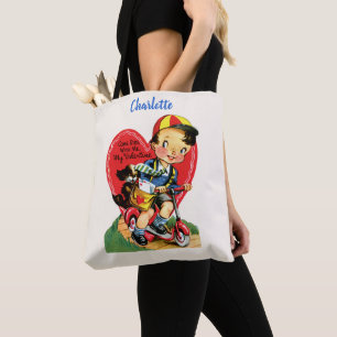 Retro Valentine's Day, Vintage Boy on a Scooter Tote Bag