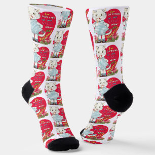 Retro Valentine's Day Vintage Cat Eating Ice Cream Socks