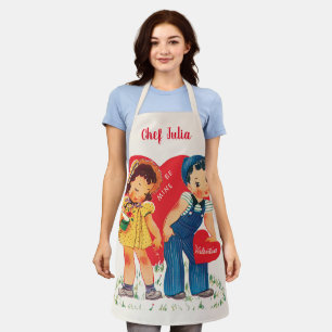 Retro Valentine's Day, Vintage Girl and Boy Hearts Apron