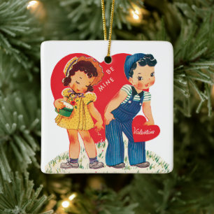 Retro Valentine's Day, Vintage Girl and Boy Hearts Ceramic Tree Decoration