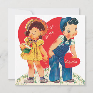 Retro Valentine's Day, Vintage Girl and Boy Hearts Holiday Card