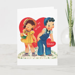 Retro Valentine's Day, Vintage Girl and Boy Hearts Holiday Card