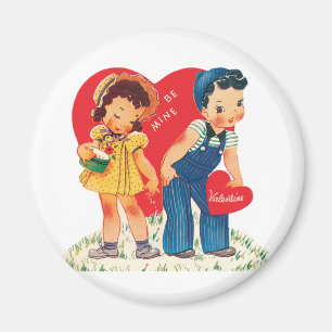 Retro Valentine's Day, Vintage Girl and Boy Hearts Magnet