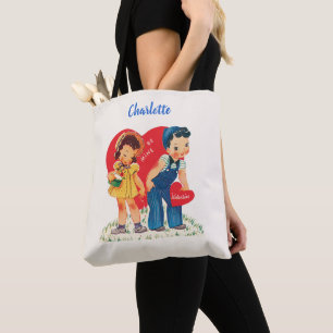 Retro Valentine's Day, Vintage Girl and Boy Hearts Tote Bag