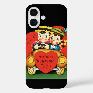 Retro Valentine's Day, Vintage Girl and Boy in Car iPhone 16 Case