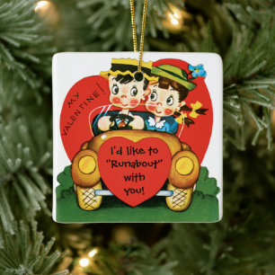 Retro Valentine's Day, Vintage Girl and Boy in Car Ceramic Tree Decoration