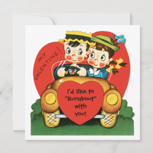 Retro Valentine's Day, Vintage Girl and Boy in Car Holiday Card