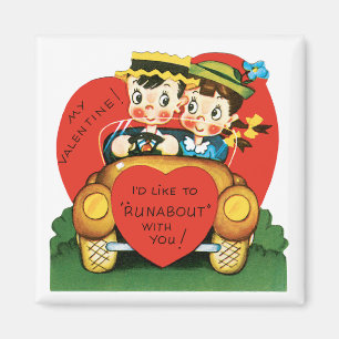 Retro Valentine's Day, Vintage Girl and Boy in Car Magnet