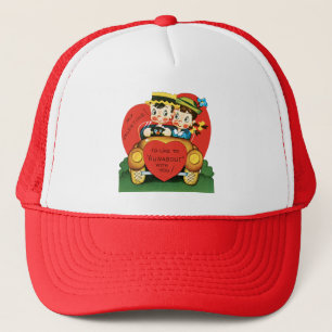 Retro Valentine's Day, Vintage Girl and Boy in Car Trucker Hat