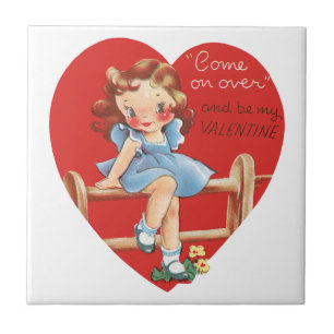 Retro Valentine's Day, Vintage Girl on a Fence Tile