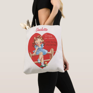 Retro Valentine's Day, Vintage Girl on a Fence Tote Bag