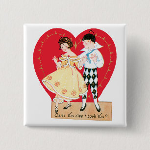 Retro Valentine's Day, Vintage Harlequin and Heart 15 Cm Square Badge