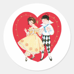 Retro Valentine's Day, Vintage Harlequin and Heart Classic Round Sticker