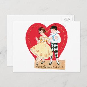 Retro Valentine's Day, Vintage Harlequin and Heart Holiday Postcard