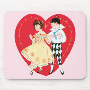 Retro Valentine's Day, Vintage Harlequin and Heart Mouse Mat