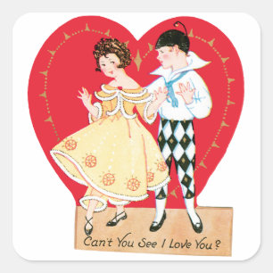 Retro Valentine's Day, Vintage Harlequin and Heart Square Sticker