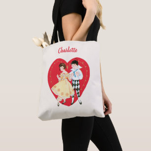 Retro Valentine's Day, Vintage Harlequin and Heart Tote Bag