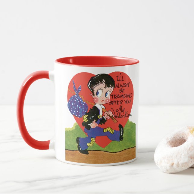 Retro Valentine's Day, Vintage Hobo Boy Heart Mug (With Donut)