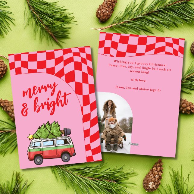 Retro Van Chequerboard Merry & Bright Christmas Holiday Card (Creator Uploaded)