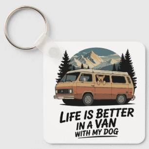 Retro Van Life with Dog Mountain Adventure Key Ring