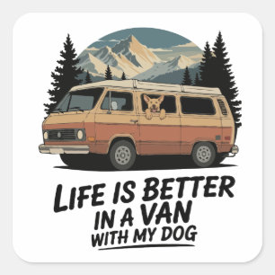 Retro Van Life with Dog Mountain Adventure  Square Sticker