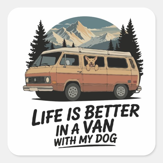 Retro Van Life with Dog Mountain Adventure  Square Sticker (Front)