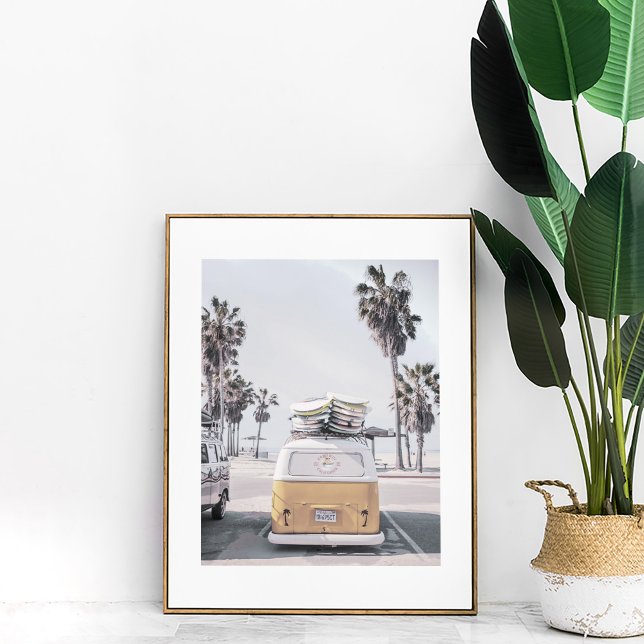 Retro Van with Surfboards on Coastal Beach Poster (Retro Van with Surfboards on Coastal Beach Poster in a white frame next to large plant.)