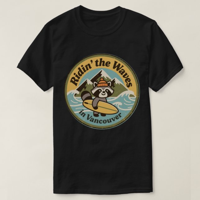 Retro Vancouver Surfing Racoon T-Shirt (Design Front)