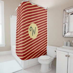 Retro Varsity Crimson Red & Cream Stripes Monogram Shower Curtain