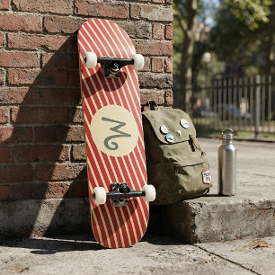 Retro Varsity Crimson Red & Cream Stripes Monogram Skateboard