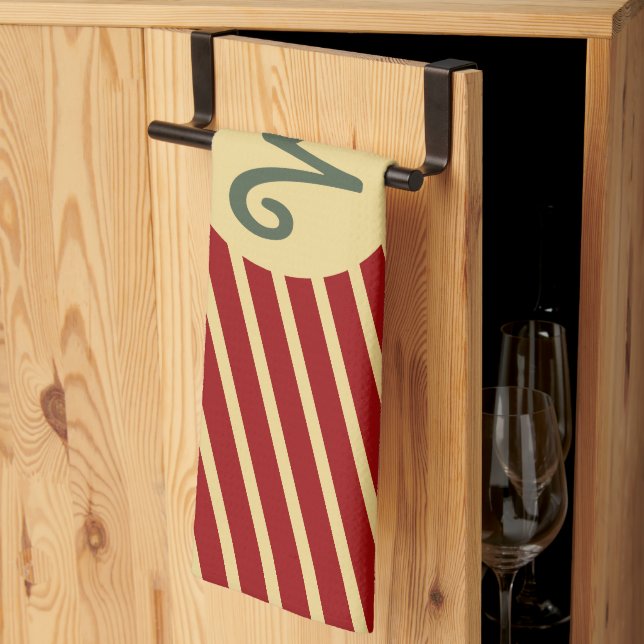 Retro Varsity Crimson Red & Cream Stripes Monogram Tea Towel (Thirds Fold)