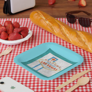 Retro Vegas Sign Grunge Style Paper Plate