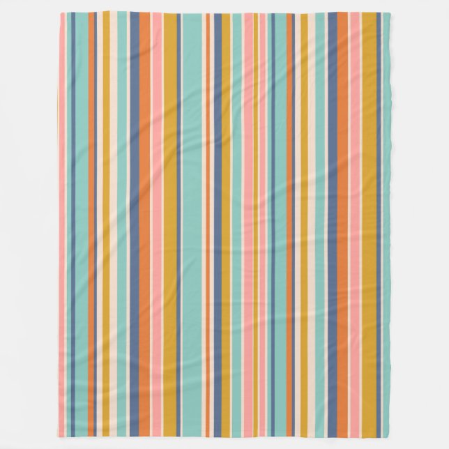 Retro vertical orange blue and yellow pink stripes fleece blanket (Front)