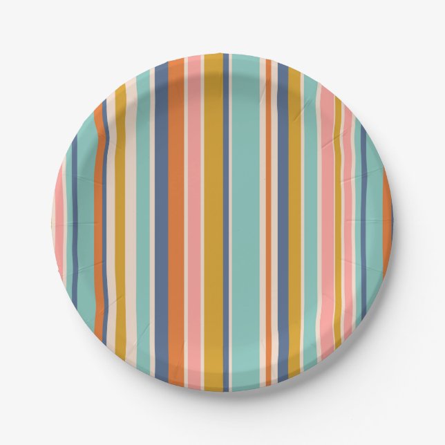 Retro vertical orange blue and yellow pink stripes paper plate (Front)