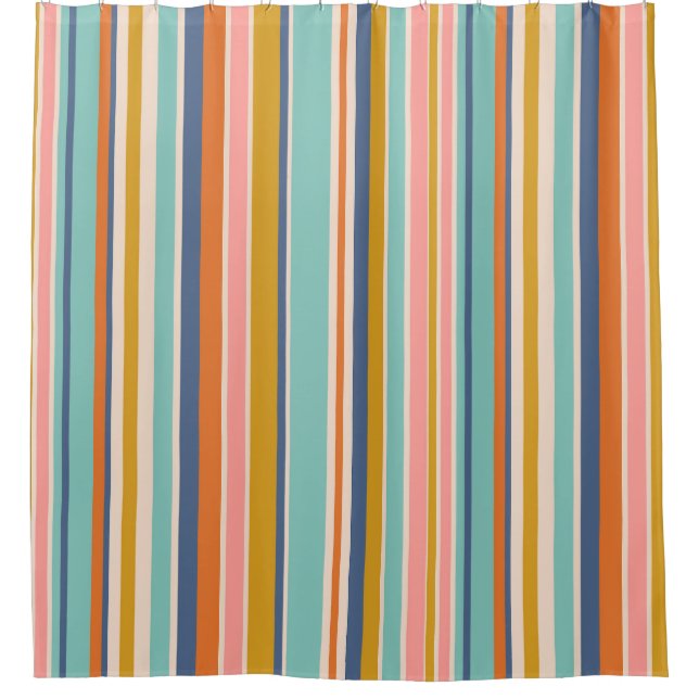 Retro vertical orange blue and yellow pink stripes shower curtain (Front)