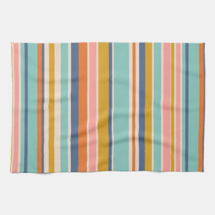 Retro vertical orange blue and yellow pink stripes tea towel