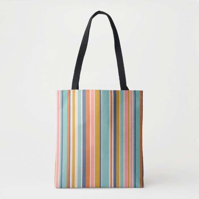 Retro vertical orange blue and yellow pink stripes tote bag (Front)