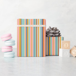 Retro vertical orange blue and yellow pink stripes wrapping paper